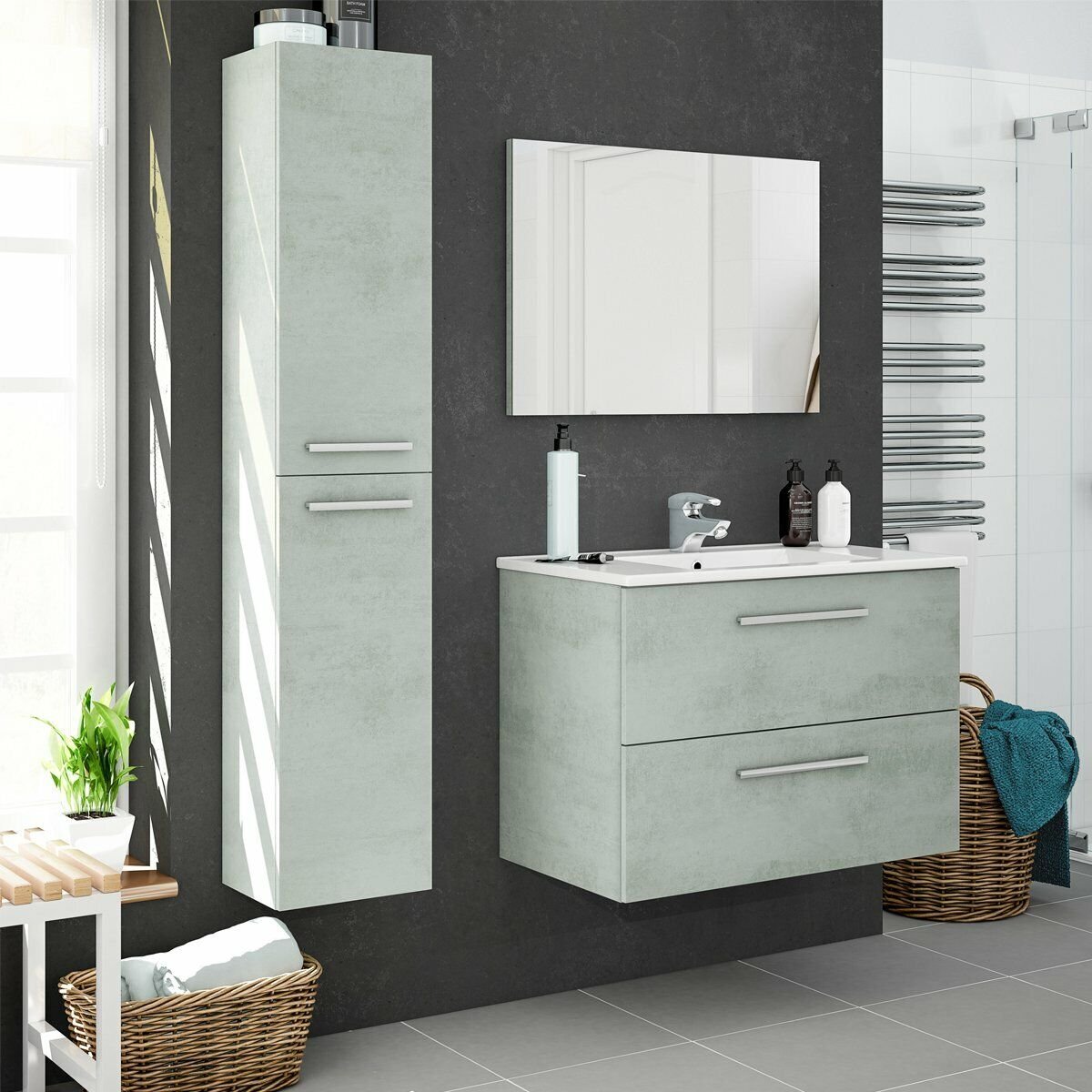 Mobile Bagno 80 cm lavabo ceramica specchio colonna CEMENTO due cassetti. Dafne