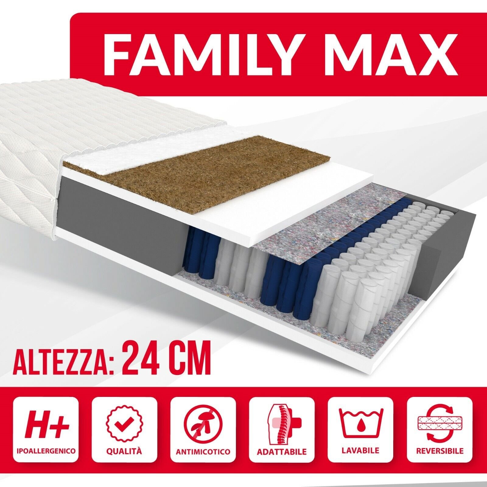 Materasso King Size FAMILY MAX a molle insacchettate 200x200 + CONSEGNA GRATUITA