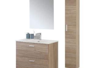 MOBILE BAGNO CON LAVABO COLONNA E SPECCHIO SOSPESO 80cm 2 CASSETTI LEGNO ROVERE