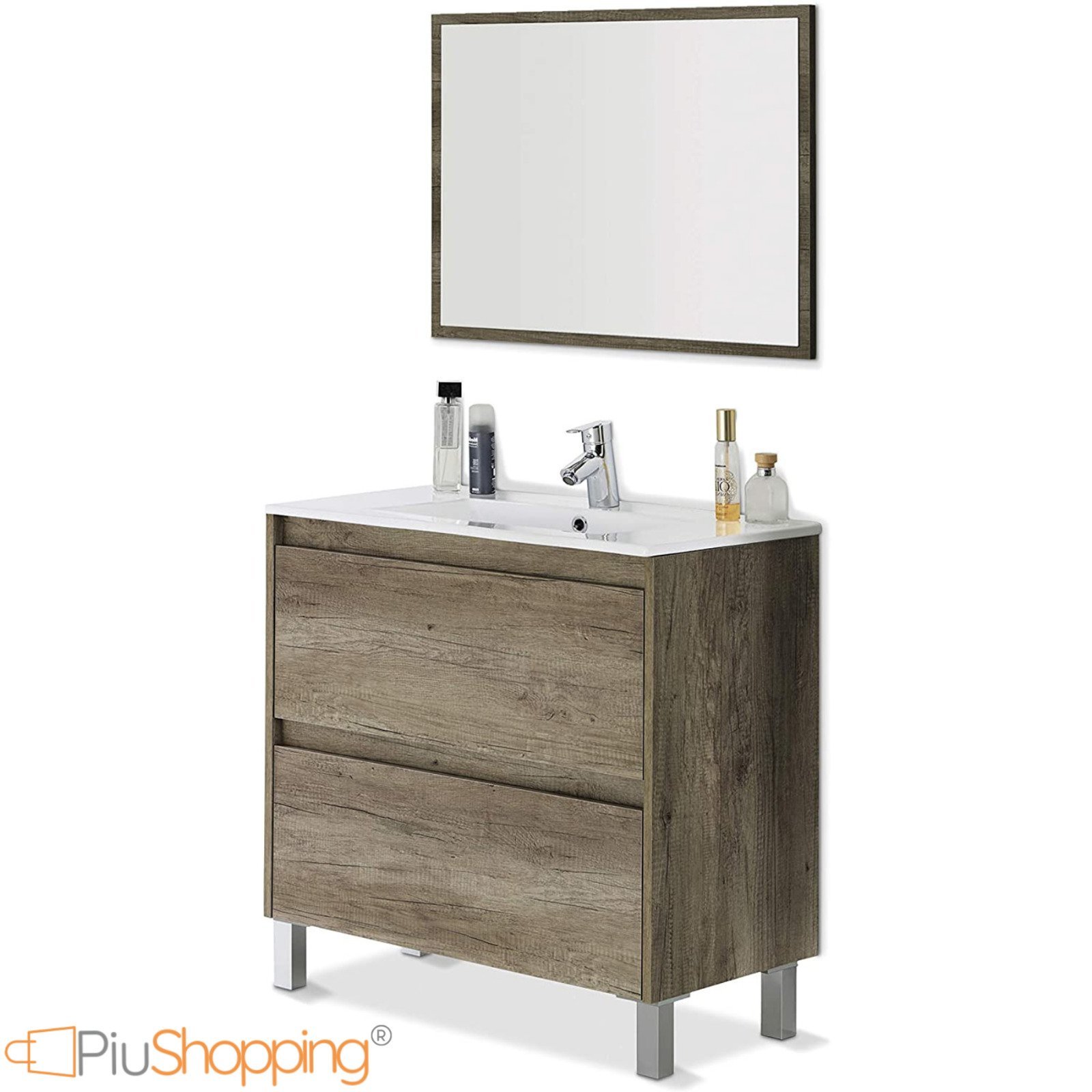 MOBILE BAGNO 80 cm 2 CASSETTI CON LAVABO IN CERAMICA SPECCHIO COLONNA PENSILE