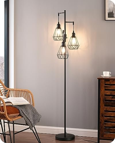 EDISHINE Lampada da terra a LED dimmerabile, lampada da terra vintage a 3 luci con lampadina E27, design industriale in metallo, paralume a gabbia, per soggiorno, camera da letto, sala da pranzo