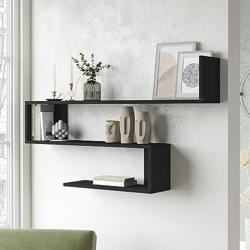 [en.casa] Mensola da Parete a 3 Ripiani (AxLxP) 71,5 x 120 x 14,5 cm Scaffale Pensile a Forma di S Libreria Consolle da Parete - Nero