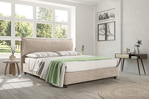 EVERGREENWEB - Letto Matrimoniale King Size 180 x 200 cm con Moderno Box Contenitore e Rete a Doghe in Legno Elegante Testiera Tessuto Imbottito SFODERABILE Ideale per Camera da Letto color Tortora