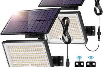 Faretti Solari a LED da Esterno, 172 LED Luce Solare LED Esterno con Sensore di Movimento, IP65 Impermeabile Luci Solari da Esterno con Telecomando, Lampade Solari con Estensore da 5M Bianco Caldo