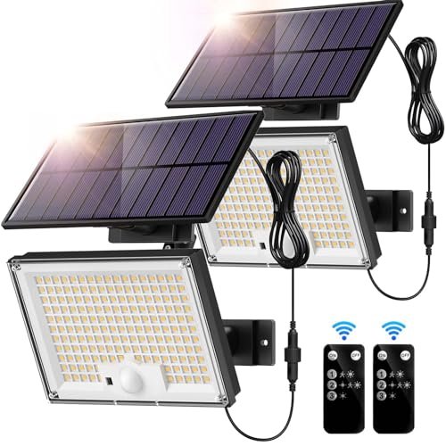 Faretti Solari a LED da Esterno, 172 LED Luce Solare LED Esterno con Sensore di Movimento, IP65 Impermeabile Luci Solari da Esterno con Telecomando, Lampade Solari con Estensore da 5M Bianco Caldo