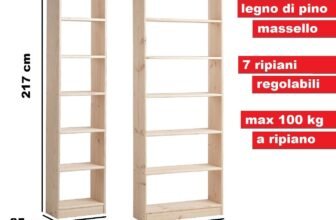 Libreria in Legno di Pino Naturale 7 Ripiani Regolabili Scaffale 25x50/80x217h