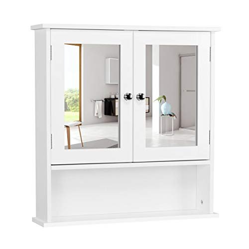 Yaheetech Armadietto Bagno con Specchio Mobiletto da Muro Pensile Sospeso Mobile da Parete con 2 Ante Salvaspazio Bianco 56 × 13 × 58 cm