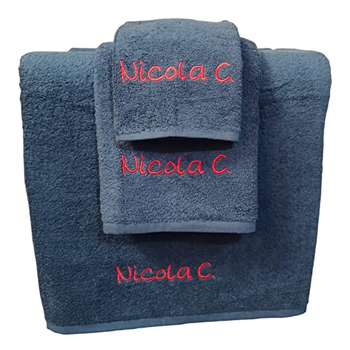 Telo doccia e Asciugamani Personalizzati con nome ricamato. Set asciugamani bagno personalizzati. 100% spugna di cotone (Multicolore, viso+ospite+telo)