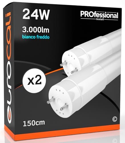 Eurocali 2x Tubi LED 150cm G13 T8 24W Professionale Alta Efficienza Garanzia 5 Anni 3000 lumen - Luce Bianco Freddo 6500K - Fascio Luminoso 160° - Sostituzione Neon