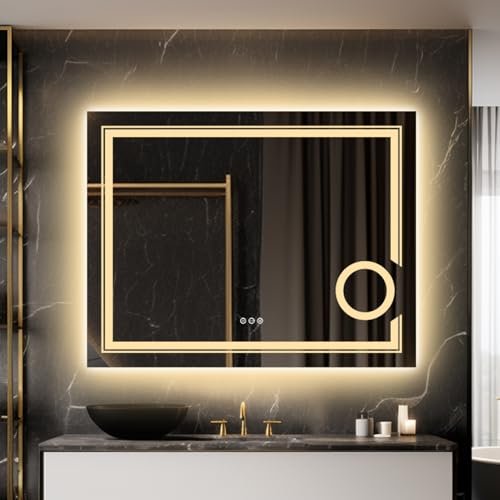 LUVODI Specchio da Bagno con LED Ingranditore: 3X Specchio Bagno Retroilluminato e Frontale Rettangolare - Specchio bagno con Luce Led da Parete da Trucco, Touch, Anti-appannamento 90x70cm