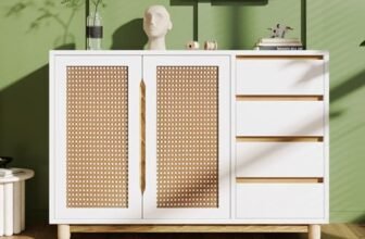 KecDuey Credenza, 120 x 86,5 x 40 cm, cassettiera con ante in rattan animato, cassetti, ripiani regolabili, gambe in legno massello, armadi portaoggetti personalizzabili