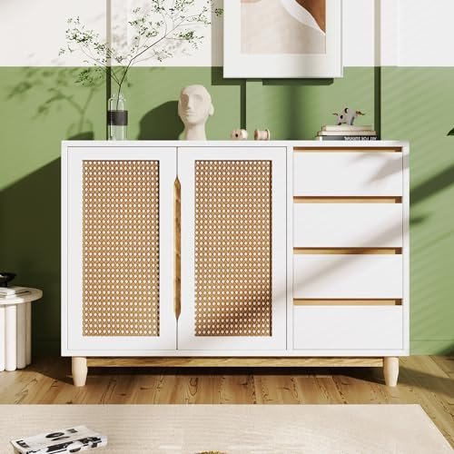 KecDuey Credenza, 120 x 86,5 x 40 cm, cassettiera con ante in rattan animato, cassetti, ripiani regolabili, gambe in legno massello, armadi portaoggetti personalizzabili