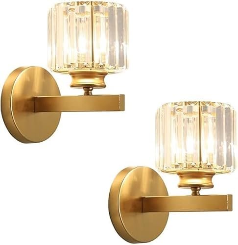 Elinkume K9 Crystal Lampada da parete Indoor,E27 LED Camera da letto Applique Metallo Tondo Paralume, Home Decor Lampade da parete per comodino Soggiorno Corridoio Scale,Golden(2-Pack)