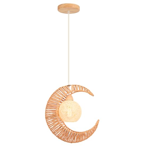 LIGKIN Lampada a Sospensione Rattan Vintage Lampadario Boho Paralume a Corda E27 Plafoniera a Luna Lampada a soffitto per Camera da letto, Soggiorno, Cucina, Caffè