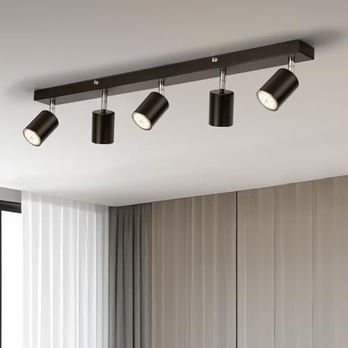 Gr4tec Faretti LED Soffitto Orientabili 5 Luci, Faretto LED Interno da Soffitto con 5 x GU10 4000K Bianco Naturale 550LM 6W, Binario Faretti LED Lampadario da Soffitto Nero per Soggiorno Corridoio