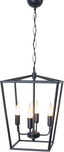 Luzarana Lampadario, 4 Luci, Lampada a Sospensione Nera a Lanterna, Gabbia in Metallo da Fattoria, Altezza Regolabile, Lampada a Sospensione Geometrica Rustica, Attacco E14 (Nero)