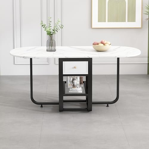 Moderno tavolo da pranzo pieghevole con motivo marmo, scrivania e cassetti, ovale, grande, tavolo da pranzo, tavolo in legno, con gambe in metallo, per 4-6 persone, 160 x 70 x 75 cm (nero)