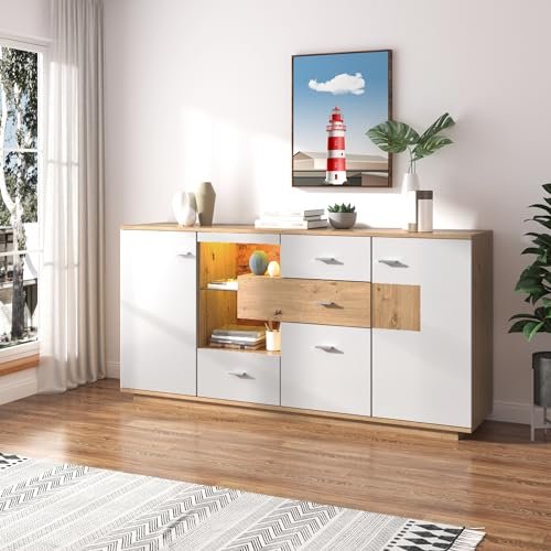 Rtopsu Mobile Contenitore Credenza con LED, Madia Mobile da Cucina con 2 Ante e 4 Cassetti, Mobile Dispensa Cucina Buffet da Cucina per Soggiorno Cucina Sala da Pranzo, 160x40x77 cm, Bianco & Natur