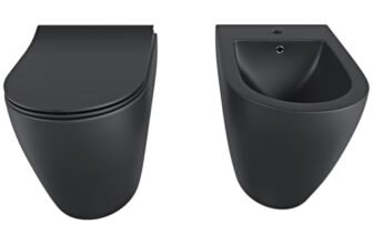 Coppia Sanitari Filomuro Vaso WC E Bidet In Ceramica Filo Muro Filo Parete Design Moderno Con Copriwater Chiusura Soft Close Chiusura Rallentata (Nero Opaco)