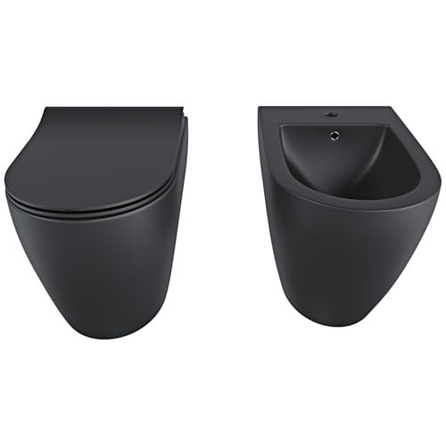 Coppia Sanitari Filomuro Vaso WC E Bidet In Ceramica Filo Muro Filo Parete Design Moderno Con Copriwater Chiusura Soft Close Chiusura Rallentata (Nero Opaco)