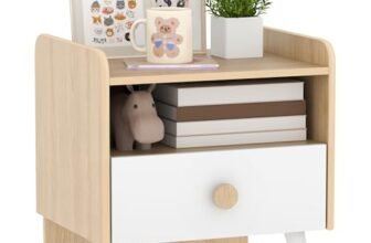 AIYAPLAY Comodino con Cassetto per Bambini 3-10 Anni dal Design Minimal, Comodino per Camera da Letto in MDF e Legno di Pino, 40x32.5x40 cm, Bianco e Legno Naturale