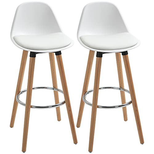 HOMCOM Set di 2 Sgabelli da Bar Stile Nordico con Schienale, Coppia di Sgabelli Alti con Cuscino e Poggiapiedi, in Legno e Plastica, Bianco