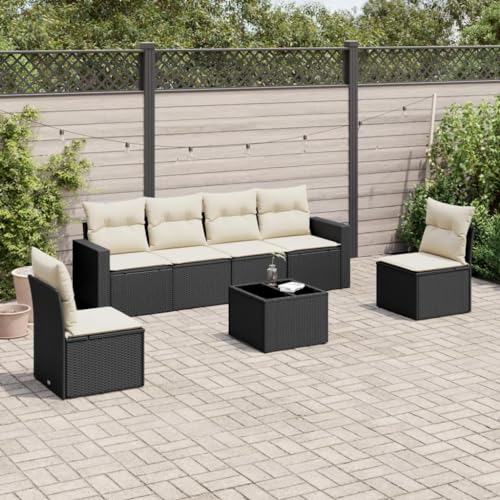 KATERYY Set Divani da Giardino con Cuscini 7pz Nero Polyrattan,Set Salotto Giardino in Rattan Polietilene Nero con Contenitore e Cuscini Lavabili Set di Mobili, Unità per Divano Componibile