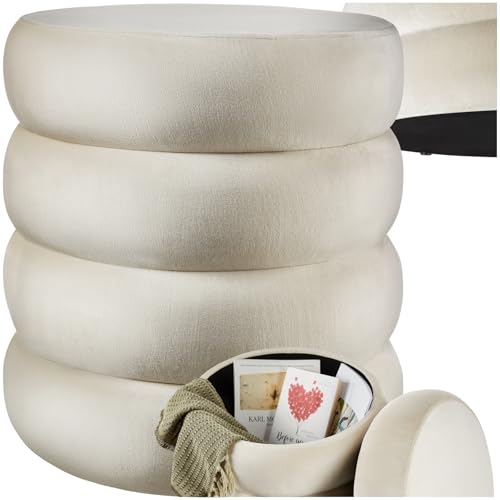 TecTake® Pouf Contenitore, Sgabello Imbottito Effetto Velluto, Pouf Letto Stile Scandinavo, Pouf Camera da Letto Contenitore, Pouf da Salotto - Effetto Velluto Crema/Bianco