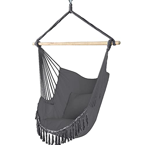 VOUNOT Poltrona Sospesa da Giardino 2 Cuscini, Sedia Amaca Altalena Macrame con Braccioli/Traversa in Legno, Portata Fino a 120 kg, per Interni Esterno Giardino, Grigio